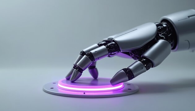 Metallic robotic hand nears glowing purple button. Closeup detail shows advanced AI tech, automation, and future control concepts. Futuristic interface activation.