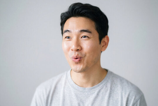 Expressive asian man with raised eyebrows and puckered lips whistling