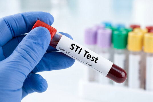 Gloved hand holding a red blood sample tube for an sti test in a laboratory