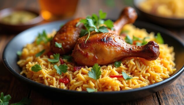 Golden fried chicken leg pieces sit atop fragrant basmati rice pilaf. Garnished with fresh cilantro, this savory Indian dish is ready for dining. Aromatic spices fill the meal.