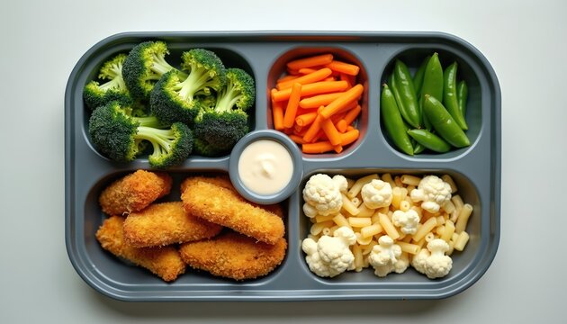 School lunch tray with broccoli carrots snap peas chicken nuggets cauliflower and macaronis. Healthy kid meal with dip sauce. Balanced nutrition for childs appetite. Fresh vegetables with protein.