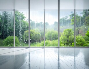 Naklejka premium Rainy Day View From Modern Office Window Looking Out At Lush Green Forest Landscape