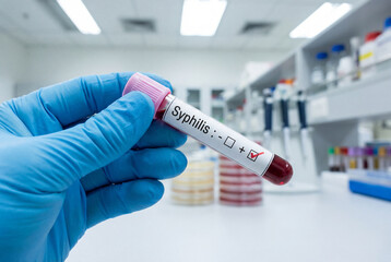 Fototapeta premium Gloved hand holds a blood sample tube labeled syphilis in a laboratory setting