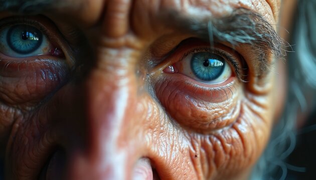 Elderly man face close-up. Deep wrinkles show age and experience. Bright blue eyes reflect the world, conveying wisdom and a lifetime of stories. His gaze is intense.