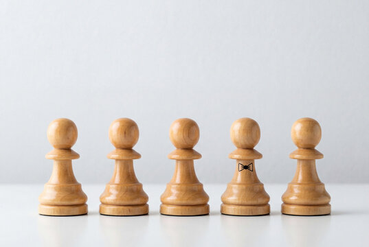 Line of five wooden chess pawns one stands out with a small bow tie