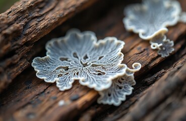 Fototapeta premium Delicate white mold fungi grow in fractal patterns on decaying wood. Intricate natural growth on weathered tree stump texture shows organic decomposition and biology details.