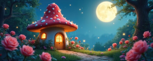 Naklejka premium Fairytale mushroom house glows in moonlit rose garden. Magical night scene with fireflies and full moon. Whimsical fantasy dwelling in enchanted woods.