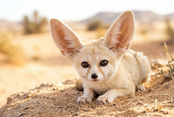 Fototapeta premium A small fennec fox with large ears sits on dry sand in a vast arid desert environment