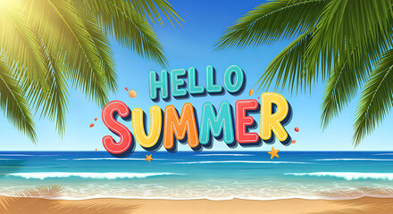 Obraz premium Bright summer background with tropical beach, palm leaves and Hello Summer text, blue sea, sand and sunlight