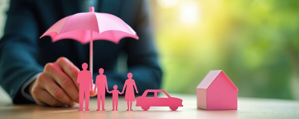 Fototapeta premium Pink paper family, car, and house protected by umbrella. Hand holds umbrella over them, signifying protection and security. Concept represents insurance and family well-being.