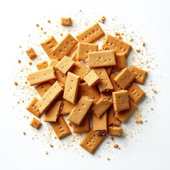 Fototapeta premium Pile of graham crackers and crumbs scattered on white surface. Sweet biscuits are broken, some whole, showing texture. Perfect for baking ingredients, snacks, or desserts.