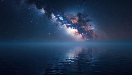 Fototapeta premium Night sky with milky way galaxy and stars reflects on calm dark ocean water surface. Serene natural landscape scene. Vastness of universe above tranquil sea.