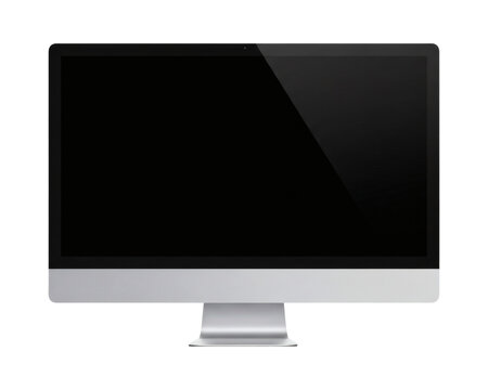 Sleek silver all-in-one desktop computer with a large black screen and elegant stand isolated on transparent background