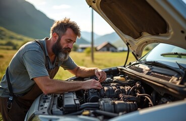 Naklejka premium Bearded man with tool fixes car engine in rural field. Male mechanic repairs automobile outdoors during daytime. Rural landscape with mountains visible in background.