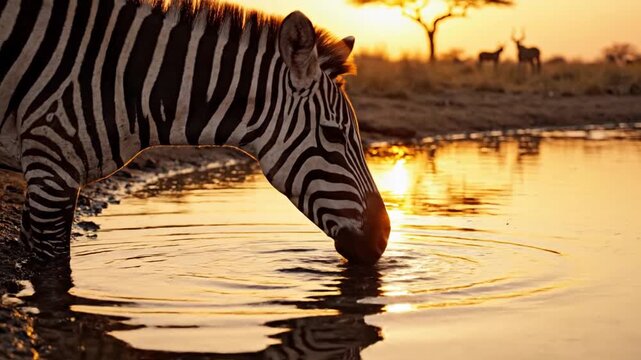 Close-up of zebra drinking water at sunset on African savanna with antelope in background