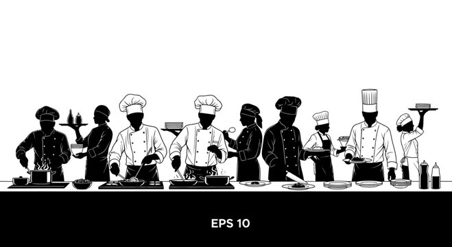 Professional Chef Team Cooking in Restaurant Kitchen Silhouette