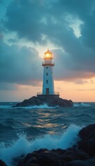 Obraz premium White lighthouse stands on rocky island in rough sea waves at sunset. Light shines from tower top warning ships. Dramatic ocean backdrop with clouds.