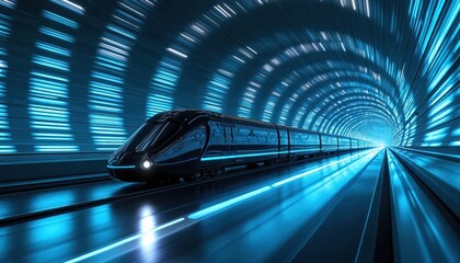 Fototapeta premium Sleek futuristic train zooms through glowing blue tunnel. Advanced hyperloop transport moves fast underground. Modern high speed rail technology on journey. Future travel concept for city links.