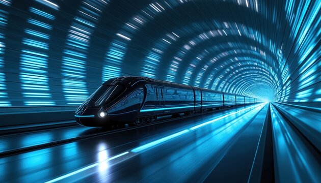 Sleek futuristic train zooms through glowing blue tunnel. Advanced hyperloop transport moves fast underground. Modern high speed rail technology on journey. Future travel concept for city links.