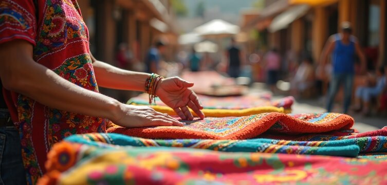 Vendor arranges colorful textiles at outdoor market. Handcrafted fabrics displayed on table. People walk past stalls, shop for souvenirs in sunny day.