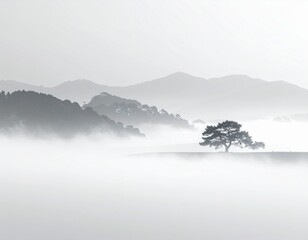 Fototapeta premium Misty Mountains Landscape with Lone Tree and Serene Foggy Atmosphere