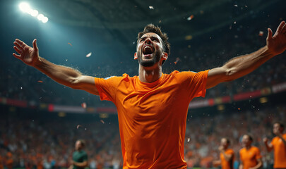 Fototapeta na wymiar Man celebrates victory arms outstretched in stadium. Excited crowd cheers wearing orange shirts, confetti falls. Sports player feels euphoric after winning game.