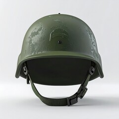 Naklejka premium Green Military Helmet with Adjustable Strap Against White Background