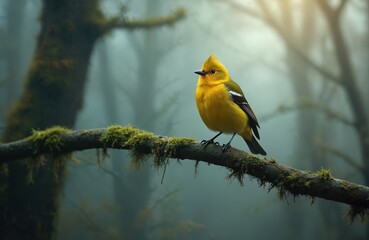 Fototapeta premium Small bright yellow bird sits on mossy tree branch in foggy forest. Bird looks to side with crested head. Morning light filters through mist and trees. Wildlife scene.