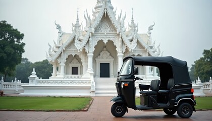 Naklejka premium Black auto-rickshaw parked before elaborate white temple. This urban transport vehicle is common in Asian cities. It offers a local travel experience near religious site.