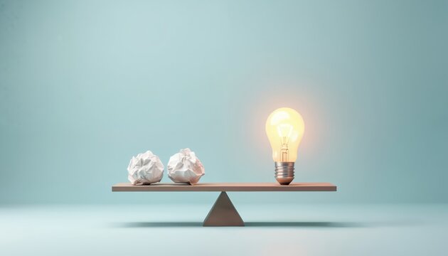 Light bulb outweighs crumpled papers on scale. Symbolizes idea generation and overcoming challenges. Represents success after trial and error.