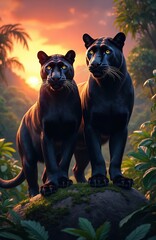 Fototapeta premium Two black panthers stand alert on mossy rock, jungle setting with sunset sky. Large wild cats with yellow eyes gaze intensely, showing natural power and beauty in their habitat.