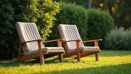 Fototapeta premium Two empty wooden chairs with striped cushions rest on green grass. Sunlight filters through nearby bushes, trees, creating peaceful garden scene. Tranquil outdoor setting invites relaxation, quiet