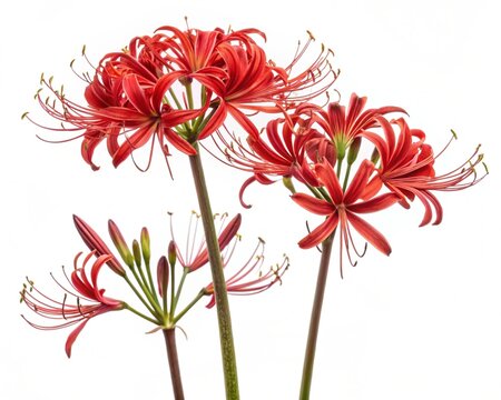 Phormium Flower &ndash; Red phormium flax tubular flowers on tall stalk, isolated on white background