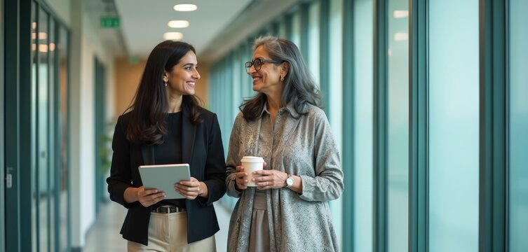 Two women colleagues walk in modern office hall talking, smiling. One woman holds tablet device, holds coffee cup. Of different ages, both look happy, engaged. Diverse team interacting, discussing