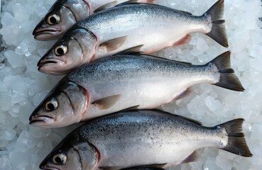 Fototapeta premium Whole raw salmon fish on ice. Chefs prepare seafood for cooking. Fresh ingredients for healthy meals and gourmet dinners. Delicious fish for sale.
