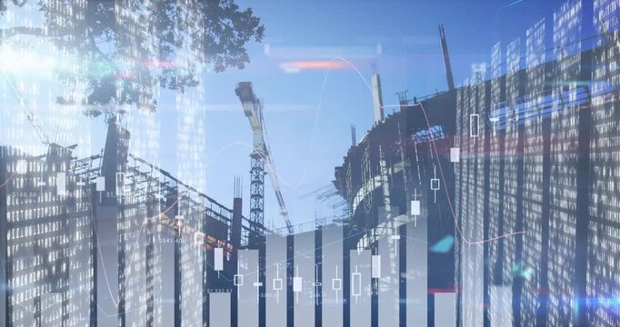 Two workers standing on ridge, crane shifting and driving moving finance charts showing metrics