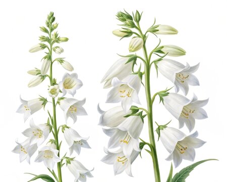 Penstemon Digitalis &ndash; White penstemon digitalis tubular bell-shaped blossoms on tall stem, isolated on white background