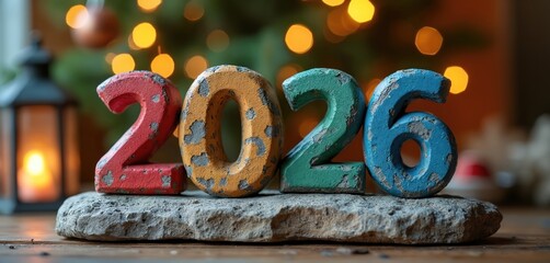 Fototapeta premium Colorful numbers 2026 rest on stone. Lantern and Christmas tree lights glow behind. New year celebration begins with festive mood and bright future hopes.