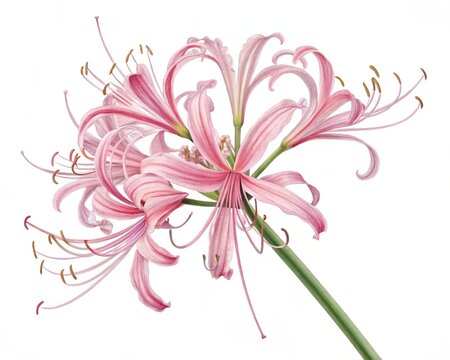 Nerine &ndash; Pink nerine spider lily narrow curling petals with long stamens, isolated on white background.