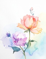 Obraz premium Delicate Watercolor Roses Soft Peach and Lavender Hues Gentle Bloom Botanical Art