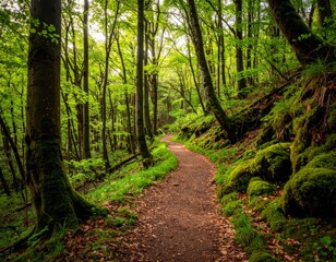 Fototapeta premium Sunlit Forest Path Winding Through Lush Green Trees Mossy Rocks Lush Foliage