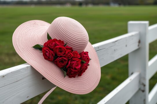 AI-generated elegant pink sun hat with red roses on a fence
