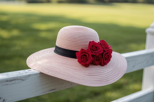 AI-generated elegant pink sun hat with red roses on a fence
