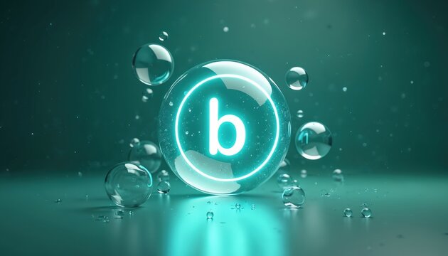 Glowing letter b symbol inside water bubble. Nutrient element for health, wellness, and energy. Science research concept for biology or medicine.