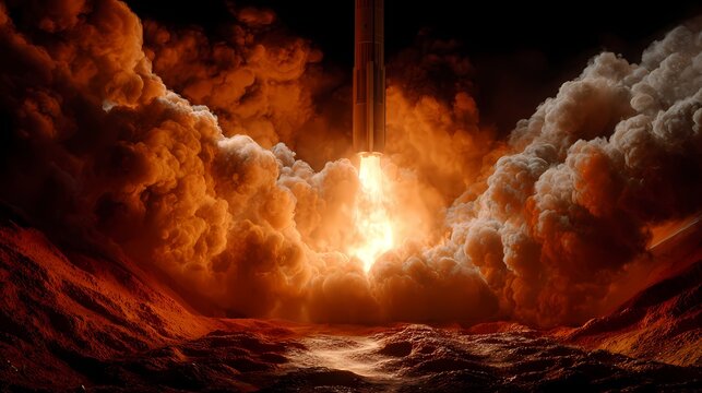 Powerful military ballistic missile launch in a desert at night with intense fire and smoke clouds