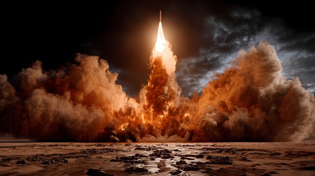 Powerful military ballistic missile launch in a desert at night with intense fire and smoke clouds