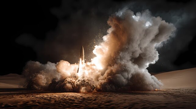 Powerful military ballistic missile launch in a desert at night with intense fire and smoke clouds