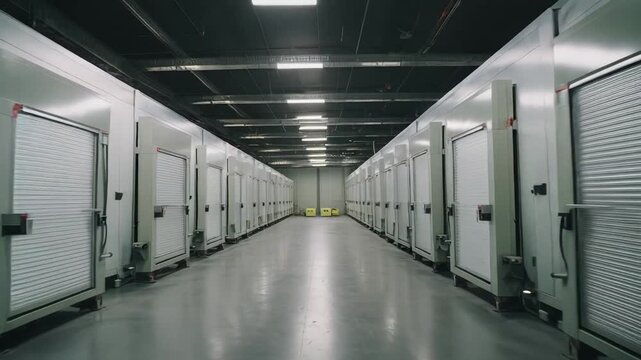 Long hallway in an industrial cold storage facility, featuring rows of insulated freezer doors on both sides, representing food preservation, logistics, and supply chain infrastructure
