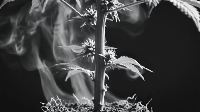 Black and White Cannabis Plant Emerging From Soil with Wisps of Smoke, Close Up View