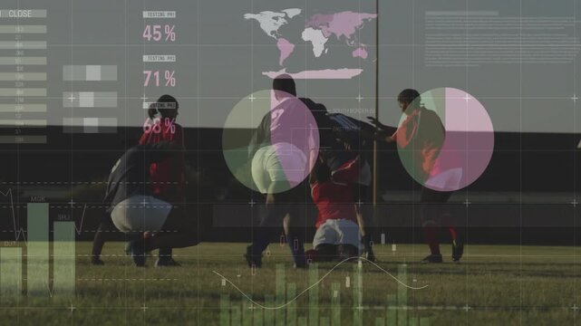 Running red player pushing into cluster, forming scrum to win soccer ball on grass, data overlays